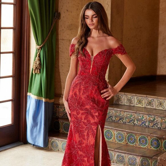 NEW OFF SHOULDER LONG TULLE PROM DRESS W/ BEADS EMBROIDERY & TRAIN NX C1600 - Picture 8 of 12